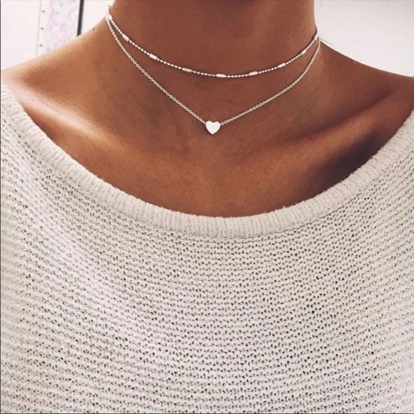 Jewelry - Silver Heart Choker Necklace Women 's MultiLayer
